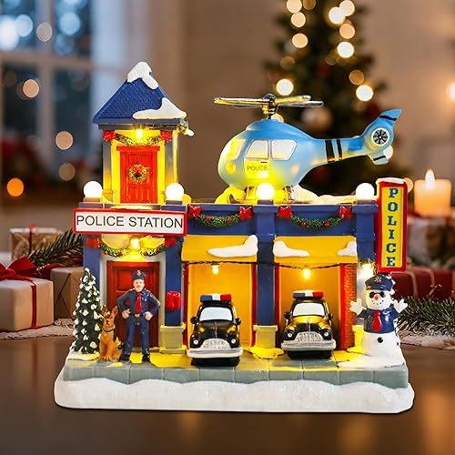 WONDER GARDEN Casas de pueblo navideño, casas de Navidad, aldea - Estación de policía musical iluminada, edificios coleccionables con automóvil en