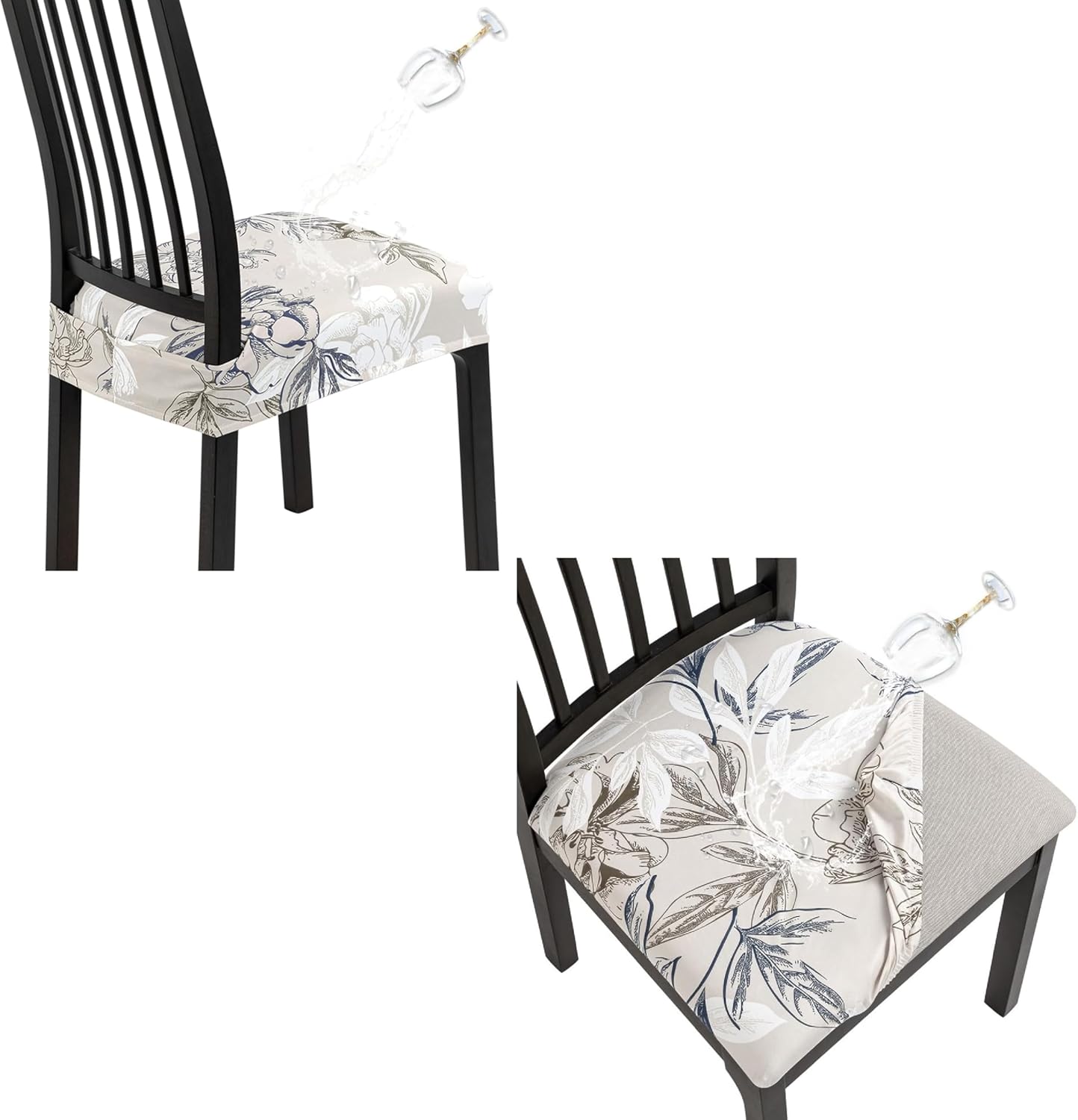 SearchI Waterproof Dining Chair Seat Covers Set of 6, Kitchen Chair Seat Covers Protectors(Beige and Blue Flower)