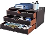 Desk organiser with 1 drawers, PU leather desk accessory and workspace organiser A4 paper sorter/multifunctional/office storage for letters, documents, mail, file storage box（ Black）