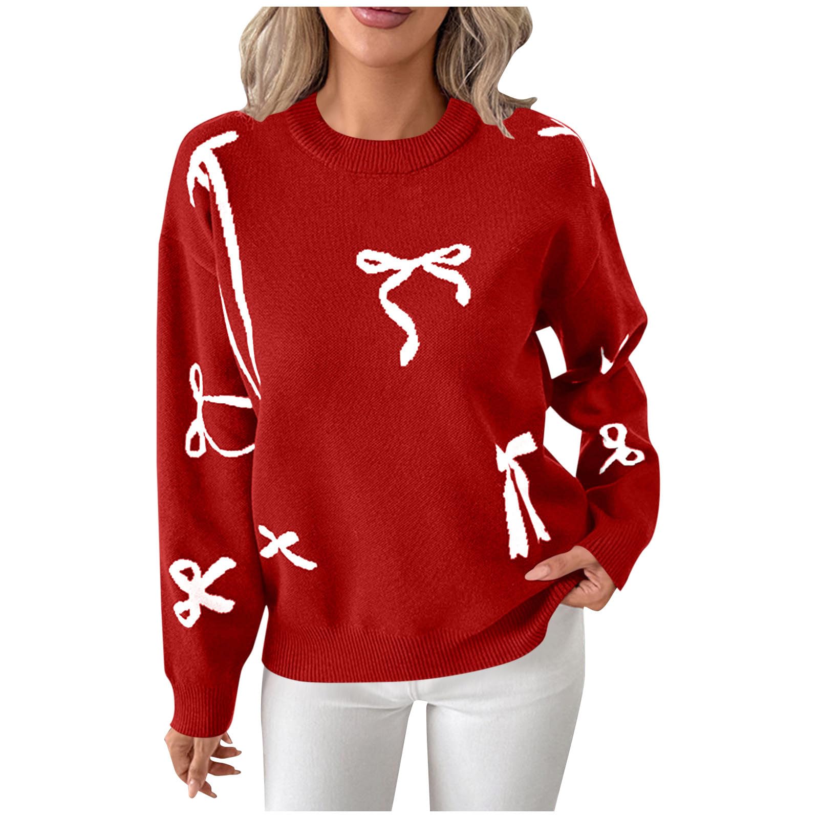 Bow Sweater Women Long Sleeve Crewneck Knit Vintage Sweaters Christmas Valentines Casual Spring Winter Oversized Tops