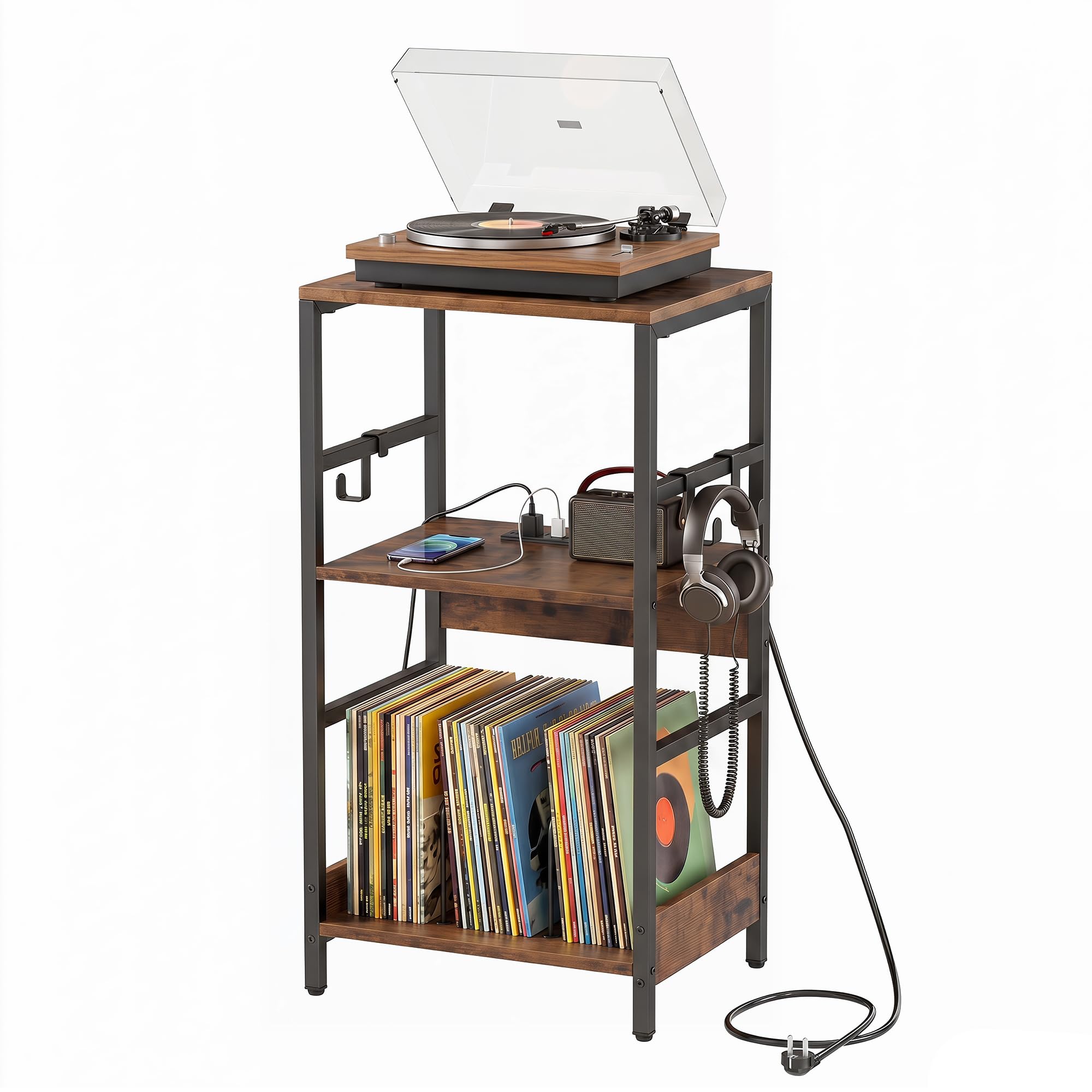 GIANTEX Mobile per Giradischi, Supporto per Vinile con Stazione di Ricarica, Ampio Piano, Ripiano Porta Vinili e 3 Ganci, Mobile Porta Giradischi per Soggiorno e Studio, 40 x 30 x 78 cm