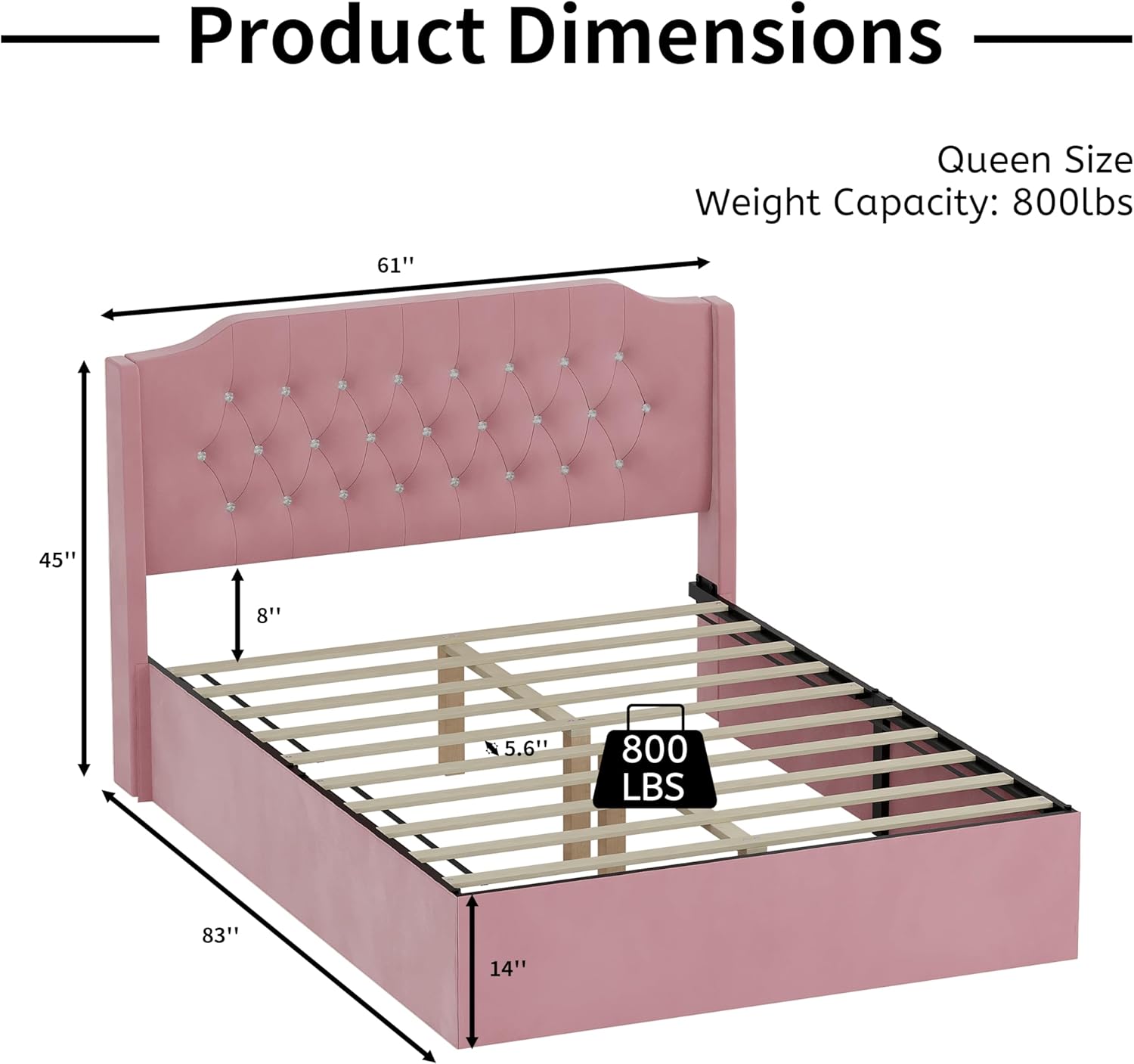 Harper & Bright Designs Queen Size Tufted Upholstered Bed Frame with Crystal Button Accents, Bed Frame with Wingback Headboard and Under-Bed Storage Space, No Box Spring Needed,Pink