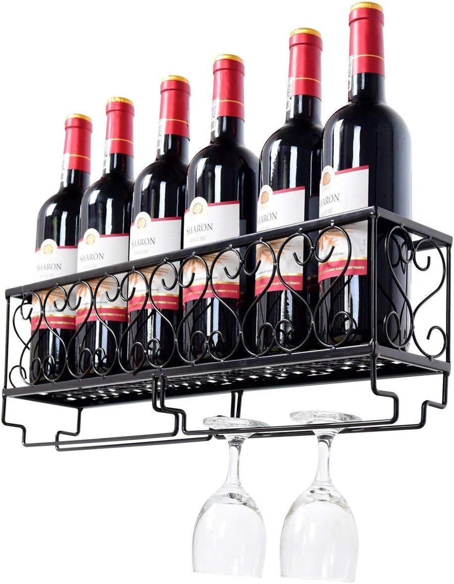 Giantex Wall Mounted Wine Rack Metal Wine Bottle Shelf w/Glass Holder Home, Kitchen & Bar Decorative Storage Display Shelf, Black