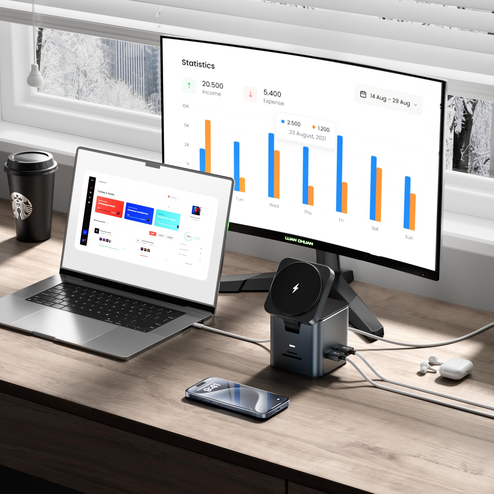 Electmagic Laptop Docking Stations, USB C Docking Station with Wireless Charging,4K HDMI, 100W PD Charger, 4USB A/C Ports, USB-C HUB for Mac Laptop, MacBook hub, Computer Accessorie