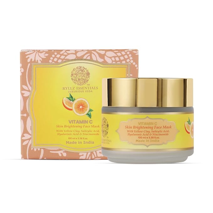 RYLLZ ESSENTIALS Vitamin C Face Mask | Skin Brightening with Yellow Clay, Salicylic Acid, Hyaluronic Acid, Niacinamide, Glycolic Acid, Green Tea Extract & Kaolin Clay | For Glowing Skin, Dark Spots, Oil Control, Open Pores, Uneven & Dull Skin | For All Sk