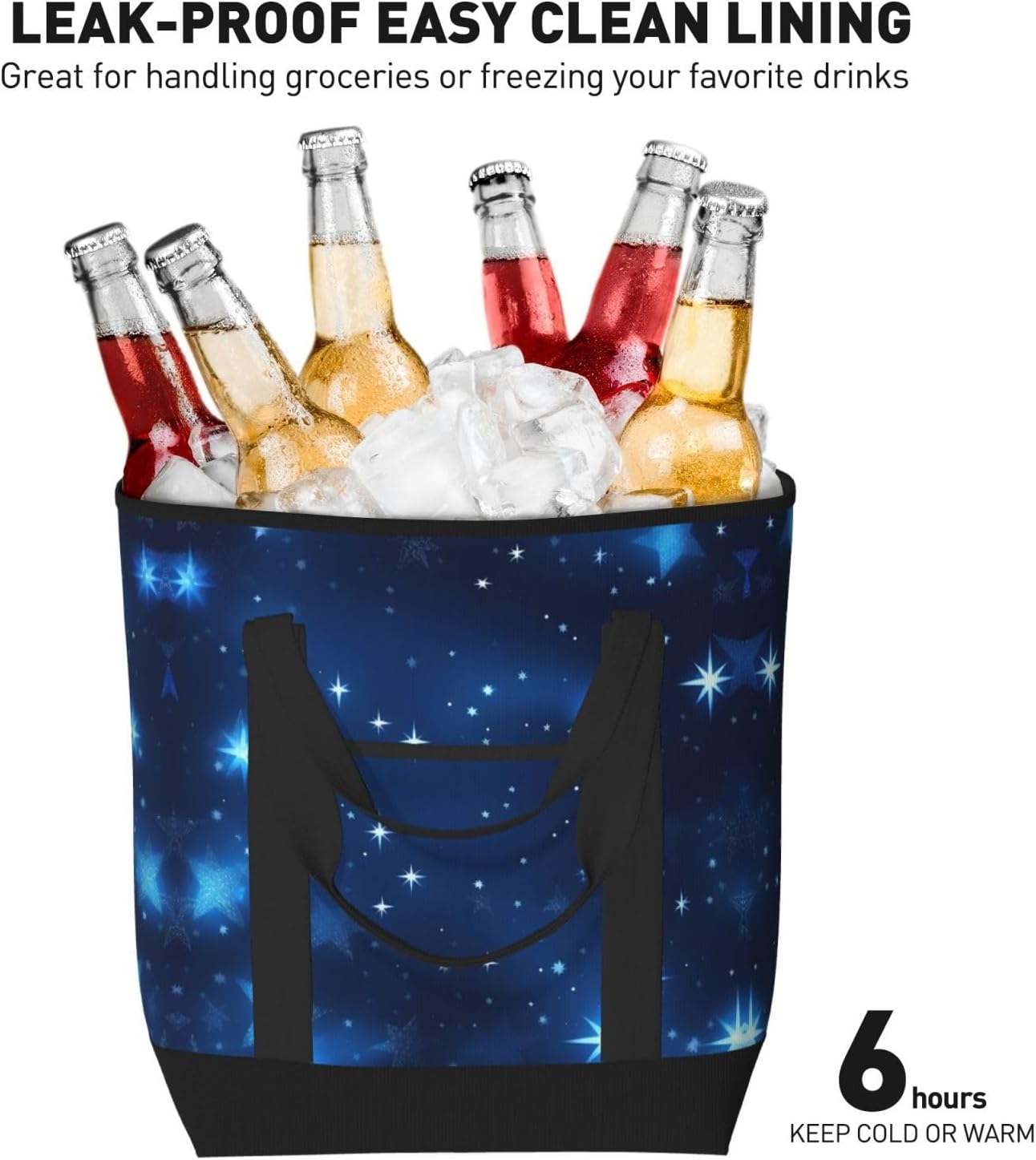 Blue Shining Stars Pattern Print Large Cooler Bag Tote Bag,Reusable Grocery Bag,Lunch Box Bag, For Picnic Beach Camping