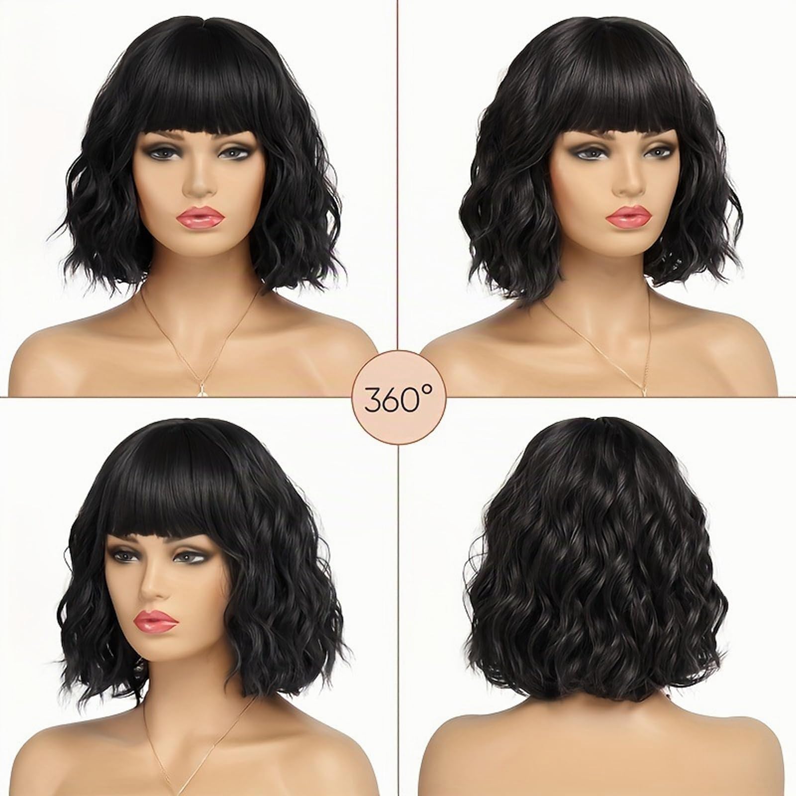Parrucca corta ondulata nera con frangia Ondulata parrucca corta bob per donne Capelli sintetici e naturali ricci per uso quotidiano, feste, carnevale, cosplay