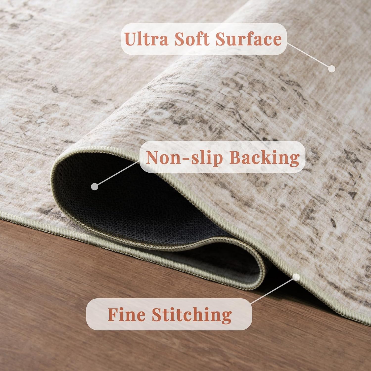 Vintage Bordered Area Rug, Beige 5x7 Washable Living Room Rug Non Slip, Thin Bedroom Rug Farmhouse Retro Accent Throw Rugs for Bedroom Dining Room Carpet