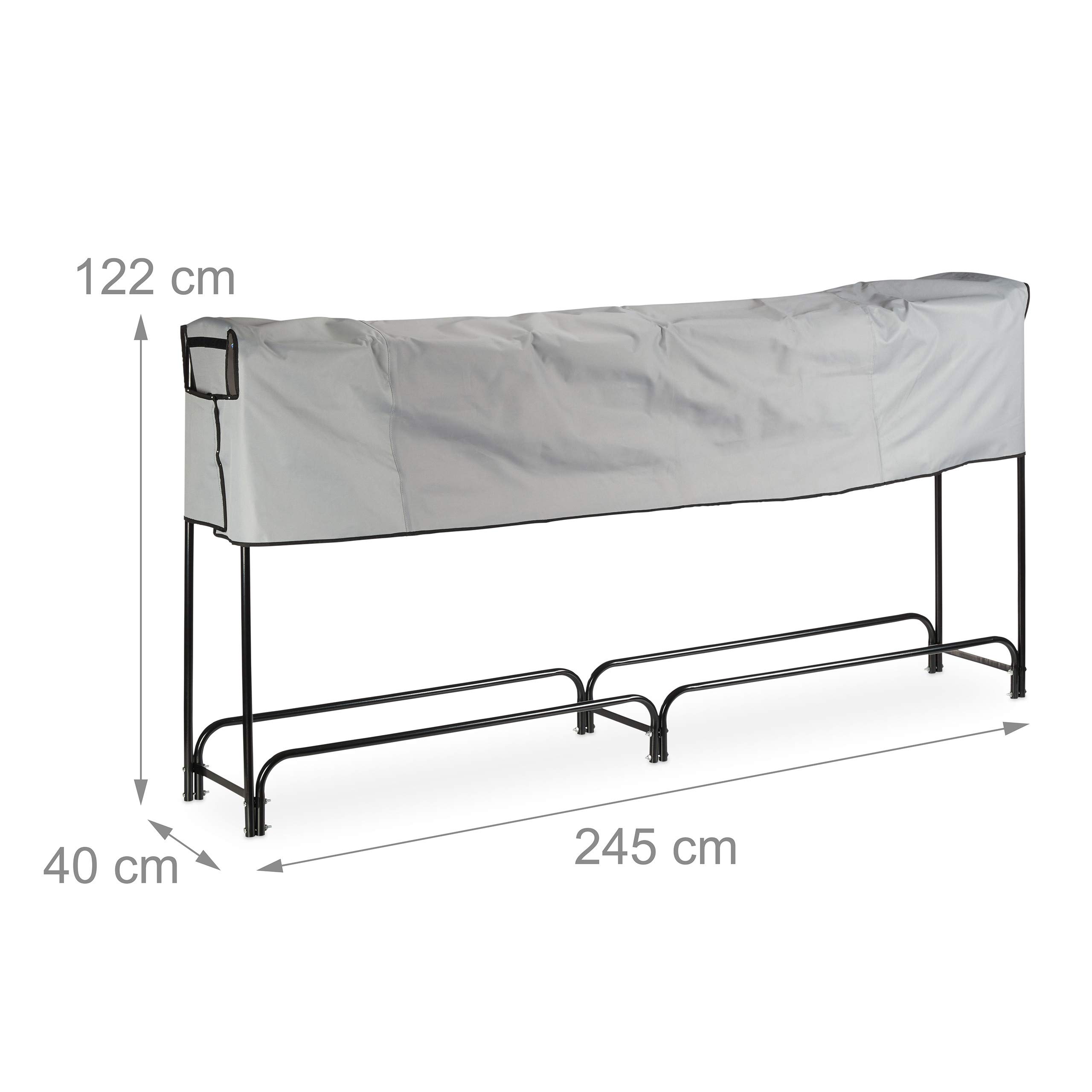 Relaxdays Leñero Exterior, Leñera Interior, con Cubierta, Acero, 122 x 245 x 40 cm, Negro