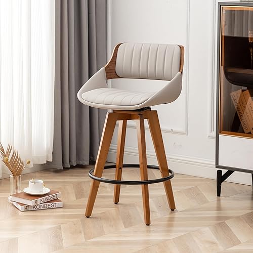 LUNLING Juego de 2 taburetes de bar giratorios modernos de mediados de siglo, tapizados de piel sintética, sillas de bar de madera para isla de