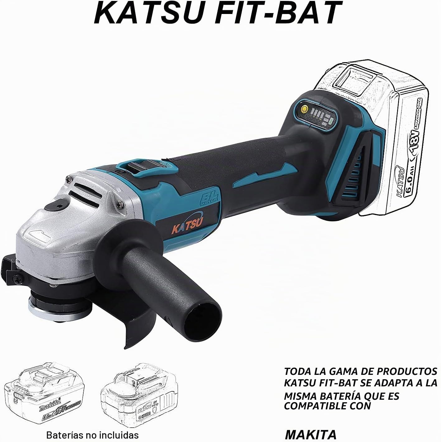 KATSU FIT-BAT 21V Amoladora Angular Inalámbrica, 115/125mm de Presupuesto con Motor sin Escobillas para Cortar Pulir, Baterías no Incluidas (Solo Máquina) 102607