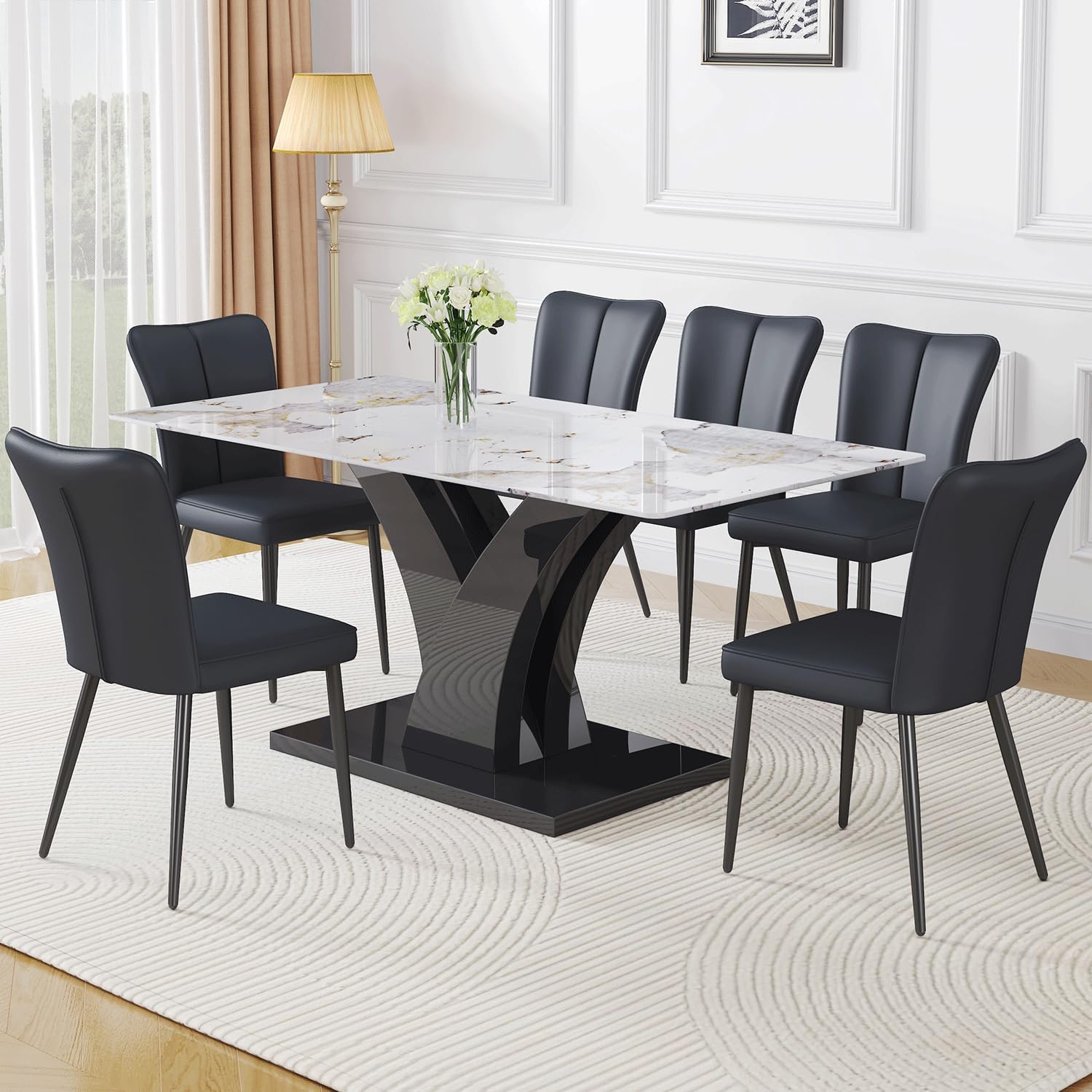 Faux Marble Dining Table Set for 6, Rectangular Dining Room Table Set ...