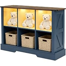 6 Cube Bookcase, Wooden Cube Storage Organizer Shelf, Blue Horizontal Book Shelf with LED Lights, Freestanding Display Cabinet for Living Room, Bedroom, Home Office