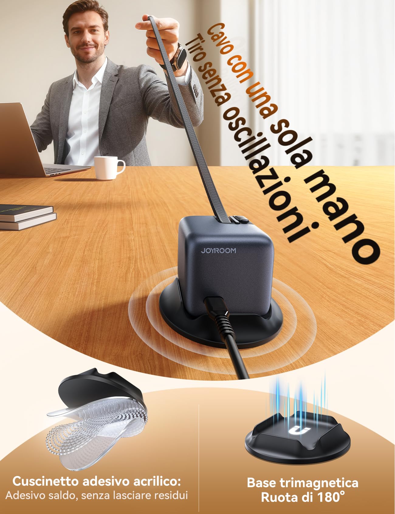 JOYROOM PODIX 5‑in‑1 Stazione di Ricarica 140W GaN, Doppio Cavo Retrattile 100W, Display 1,54" Inteligente, Design Rotante 180°, Compatibilità Universale MacBook, iPhone, Samsung, Ufficio e Casa