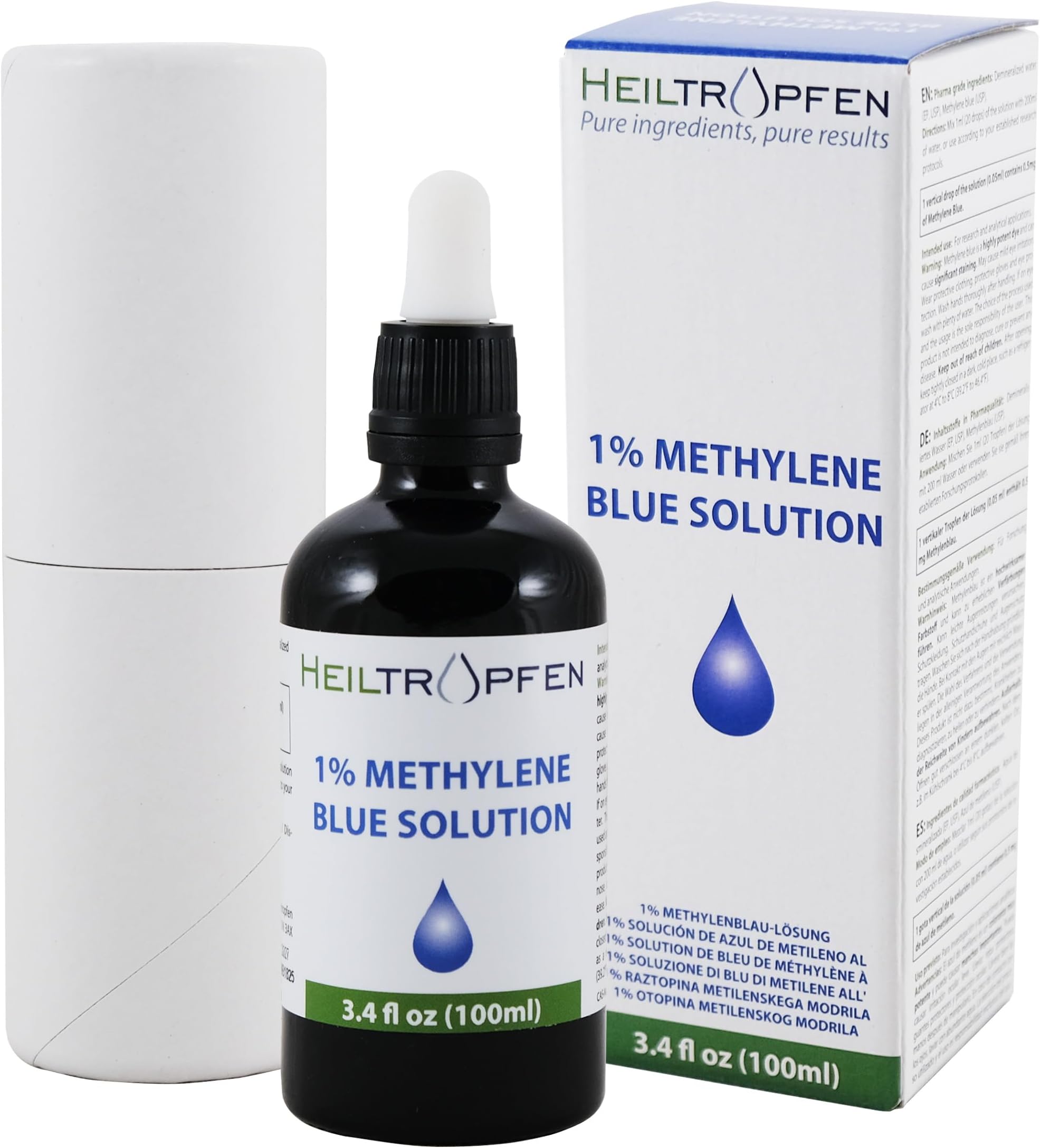 Methylene Blue 1% Solution 3.4 Fl Oz - 100 ml | Ultra High Purity | USP Pharma Grade Ingredients - Third-Party Tested | Formaldehyde Free | Glass Bottle | Heiltropfen®