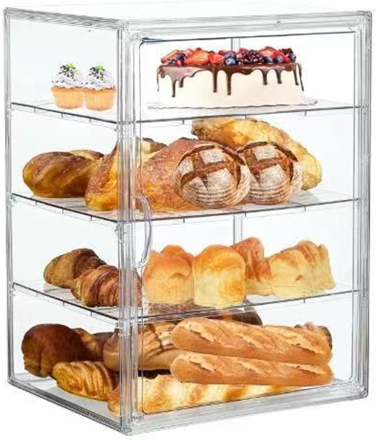 Gcroet 1PC Pastry Display Case 4 Layers Clear Bread Box with Magnetic Door Dustproof Bakery Display Case with Removable Dividers Cookie Stand for Kitchen Bakeries, 16x12x10in.