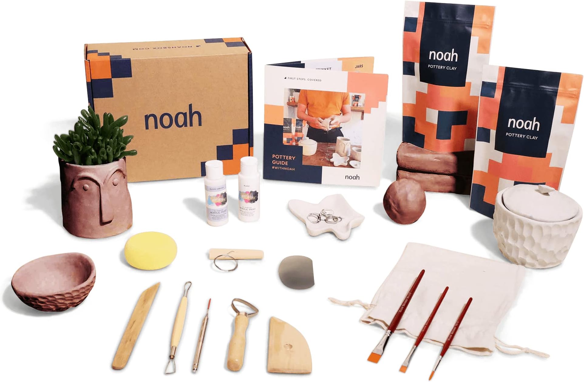 noah Pottery Kit for Beginners - Includes Air Dry Clay, Tool Kit, Acrylic Paints - Craft Set (Terracotta Clay/White Paint)