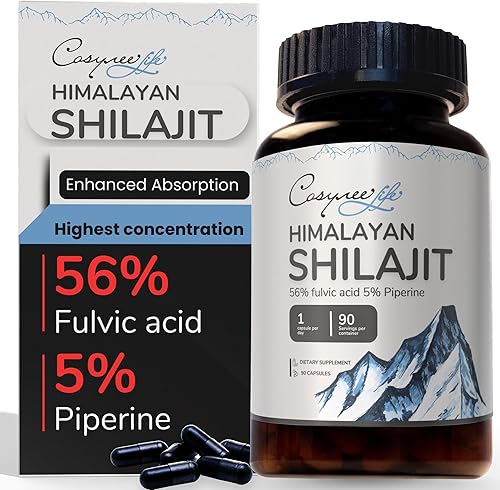 SHILAJIT - Himalaya puro, natural, orgánico, 90 unidades, 5% piperina, 56% ácido FULVIC para máxima potencia, más de 85 oligominerales, metabolismo,