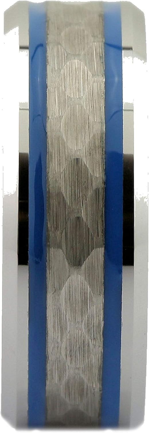 White Tungsten Carbide 8mm Hammered Center Blue Resin Striped Comfort Fit Ring