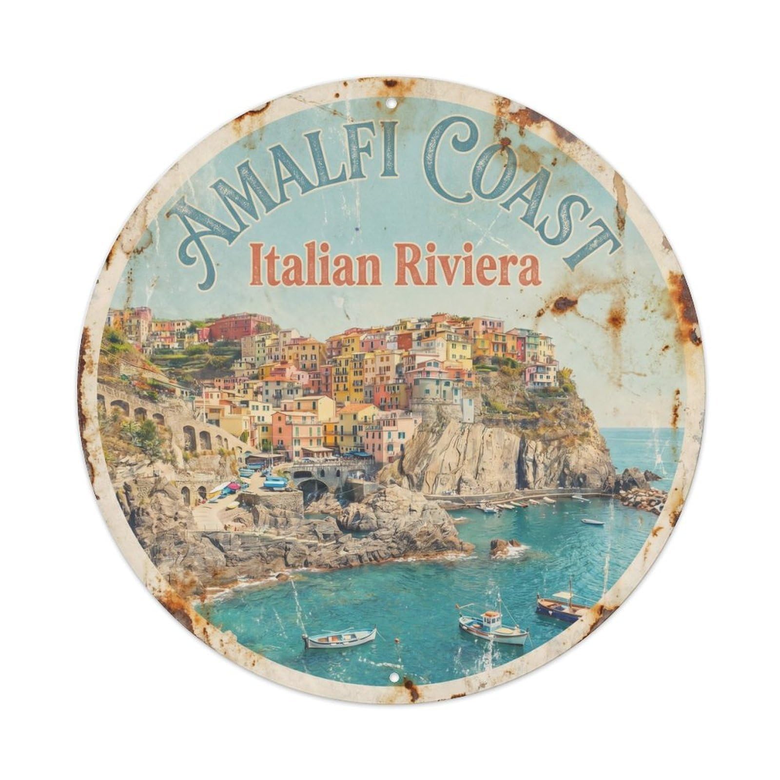 Vintage Travel Amalfi Coast Cliffside Metal Tin Sign Plaque Wall Decor for Cafe, Club Bar, Office, Home Garden Round Metal Poster 8x8Inch