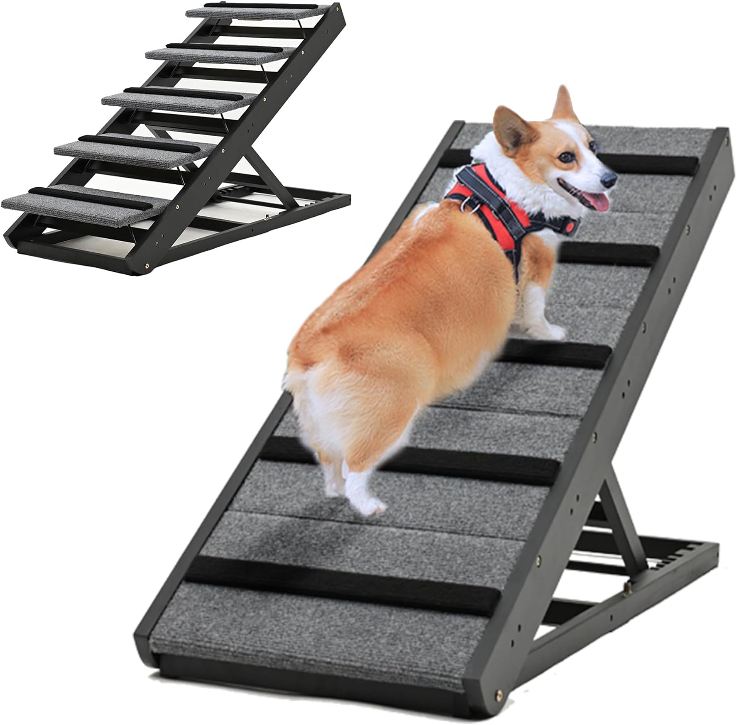2-in-1 Dog Ramp: Natural Wood, 5-Level Adjustable, 45.2'' Long, 17.7'' Extra Wide. Perfect for high beds, Doubles as Stairs. Foldable, Portable for Bed, Couch, SUV.