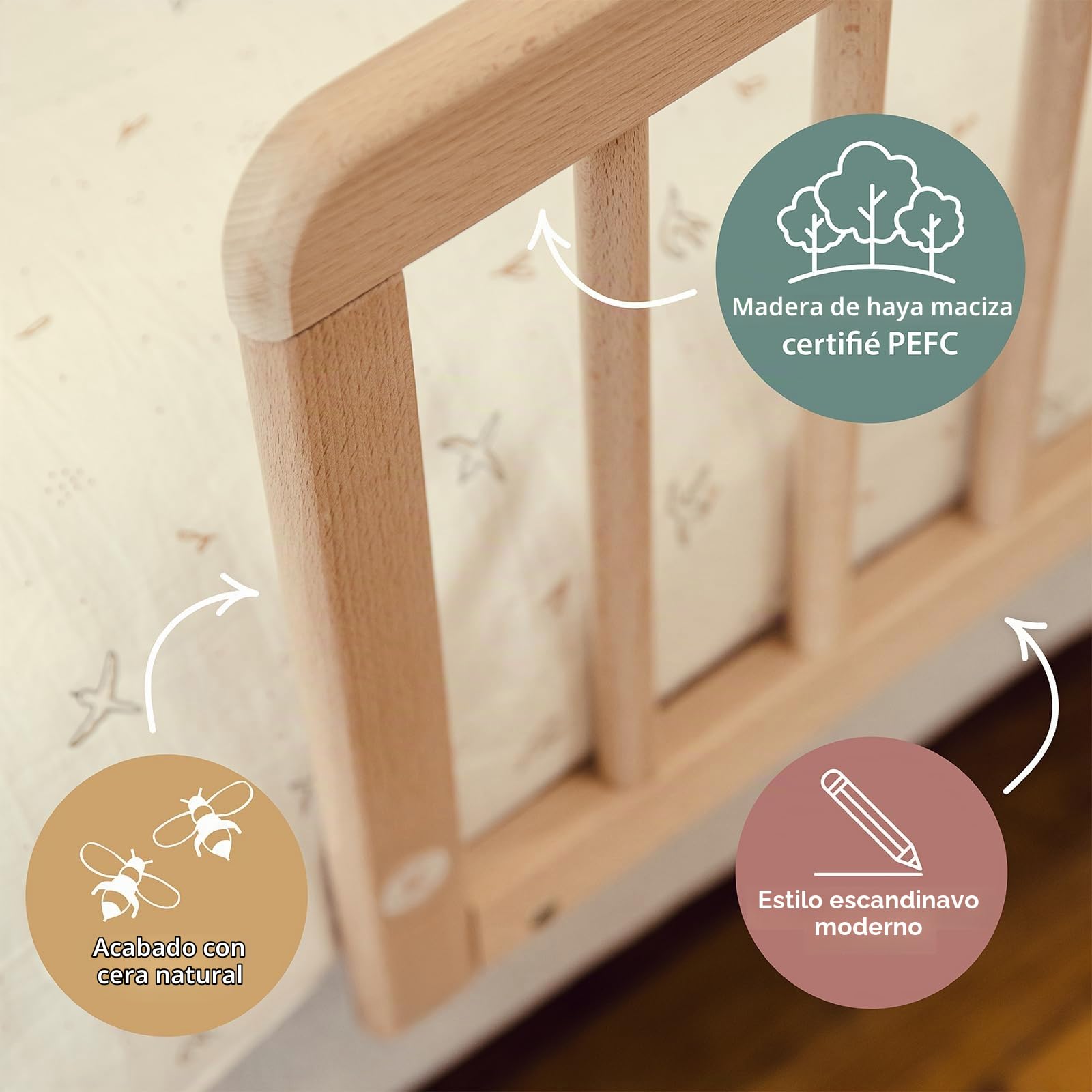 Kadolis - Barrera de Cama Turia de Madera Maciza - A110cm x A41cm - Asegurada con Barras macizas - Protege contra Las caídas