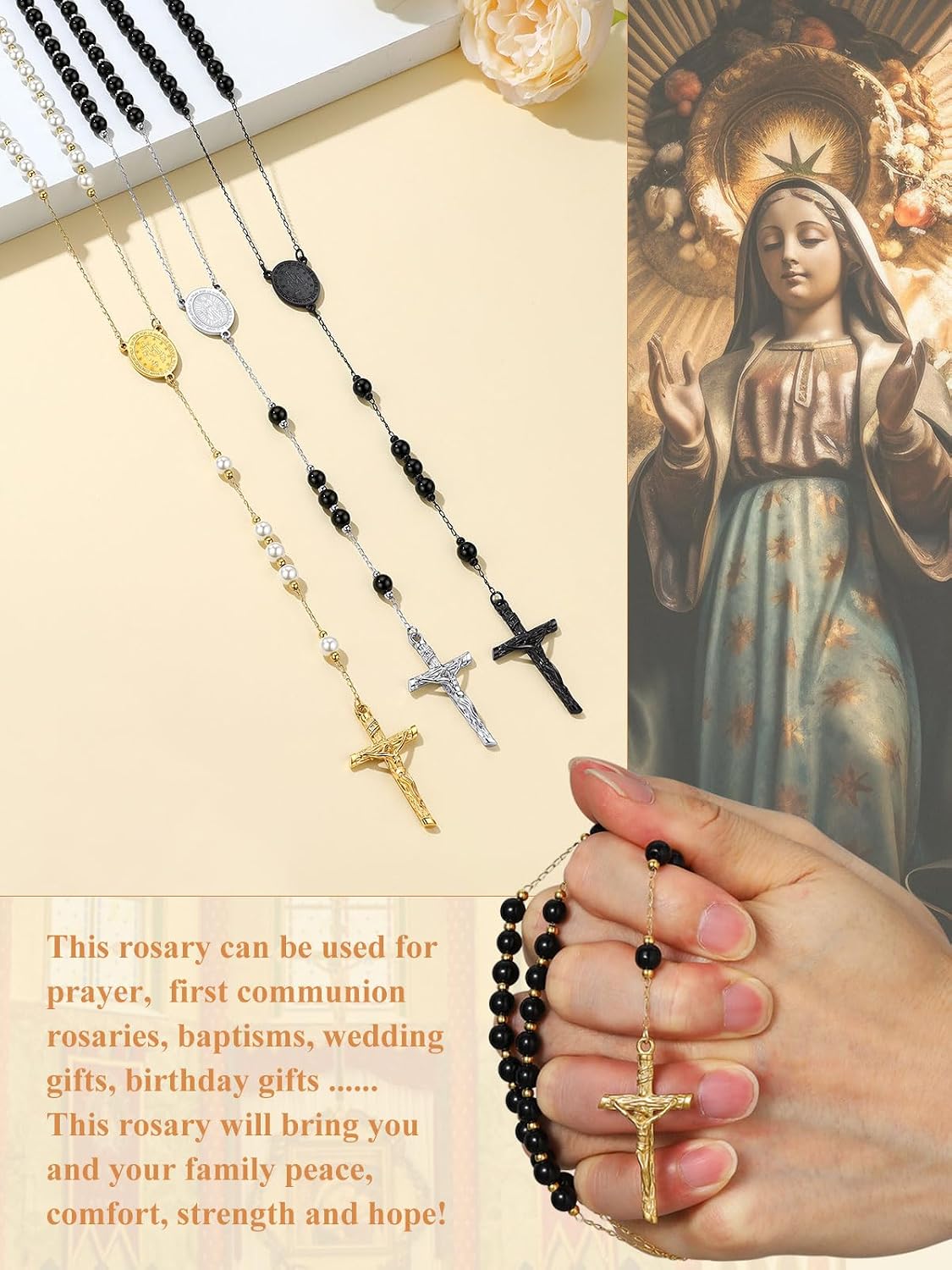 Custom4U Personalized Rosary with Picture Custom Rosary Beads Catholic Necklace for Women Men Miraculous Medal Crucifix Cross Y Necklace Stainless Steel Chain Rosary Prayer Gifts (with Gift Box)