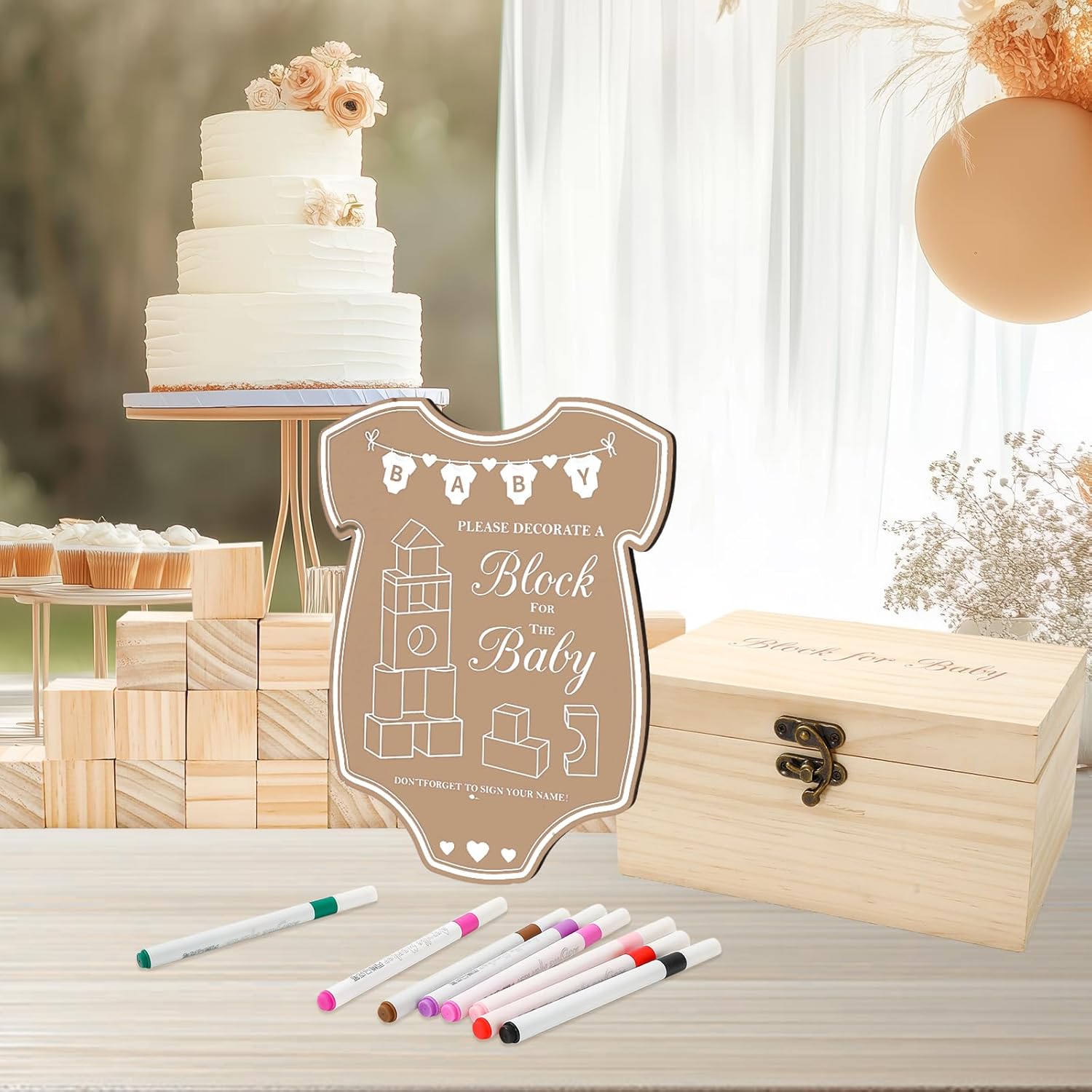 JarThenaAMCS 80 Pcs Baby Shower Game Kits Coloring Building Blocks Baby Clothes Wooden Display Sign Colorful Markers with Storage Box for Birthday Party DIY Crafts Supplies