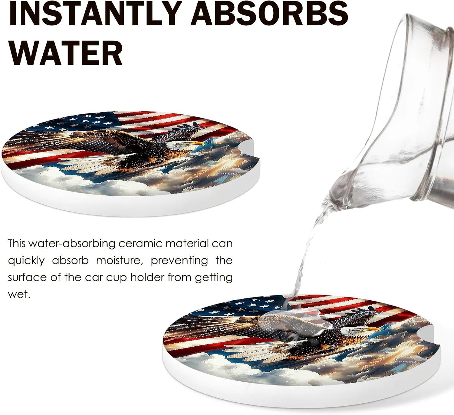 American Flag Car Coasters for Cup Holder Set of 2 Eagle Absorbent Ceramic Cup Coaster 2.63" Non-Slip Cork Base Drink Coasters with Finger Notch Car Accessories Interior