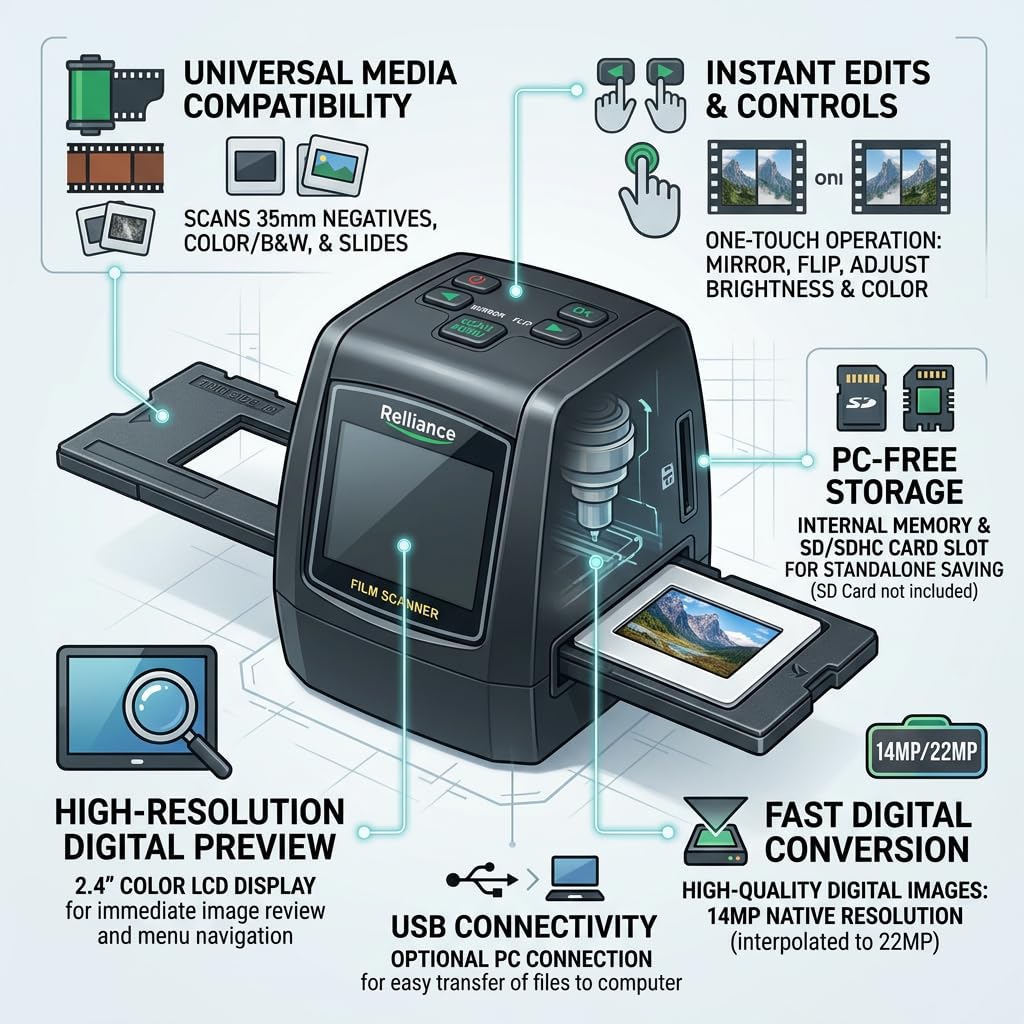 Scanner per pellicole e diapositive ad alta risoluzione, converte 35 mm/135 mm/126 mm/110 mm a colori e negativi monocromatici in foto digitali da 22 MP, schermo LCD da 2,4 pollici, memoria integrata