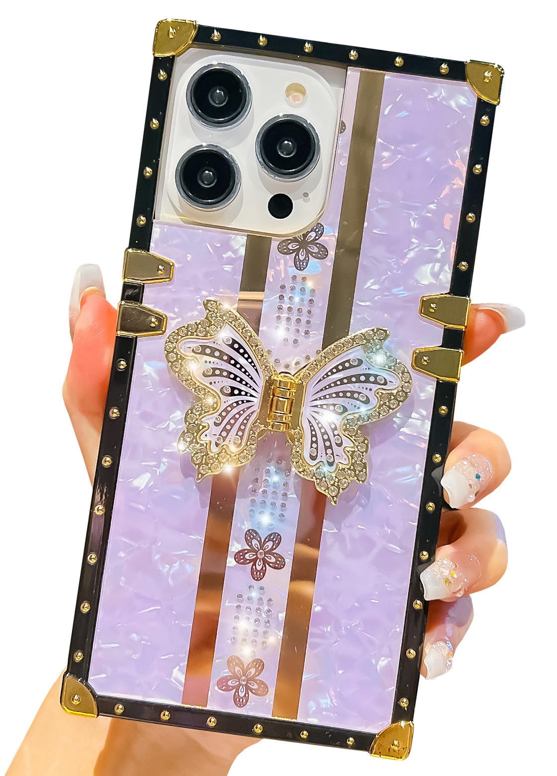 TRODINO Cute Compatible with iPhone 13 Pro Max Case, Luxury Bling Butterfly Design with Foldable Stand Kickstand for Women & Girls, Flexible