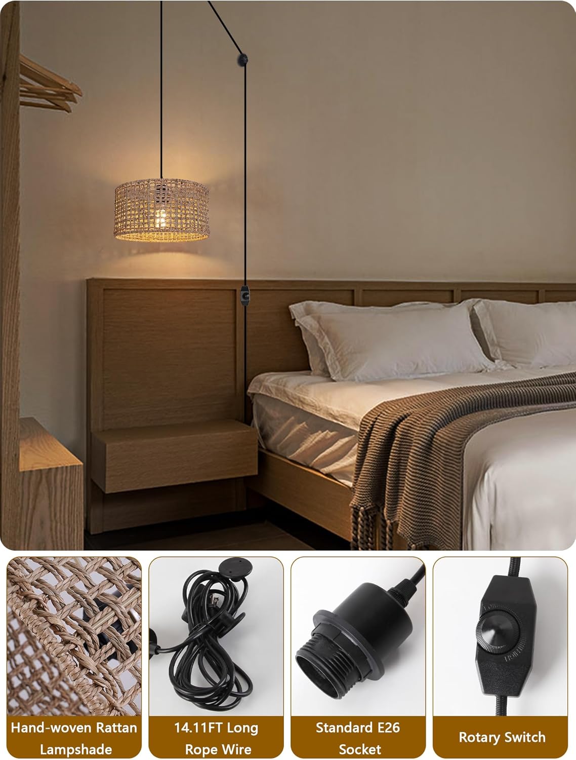 Plug in Rattan Pendant Light, Open-Weave Drum Shade, 15ft Cord with Rotary Switch, E26 Hanging Lamp for Kitchen Nook, Closet, Apartment