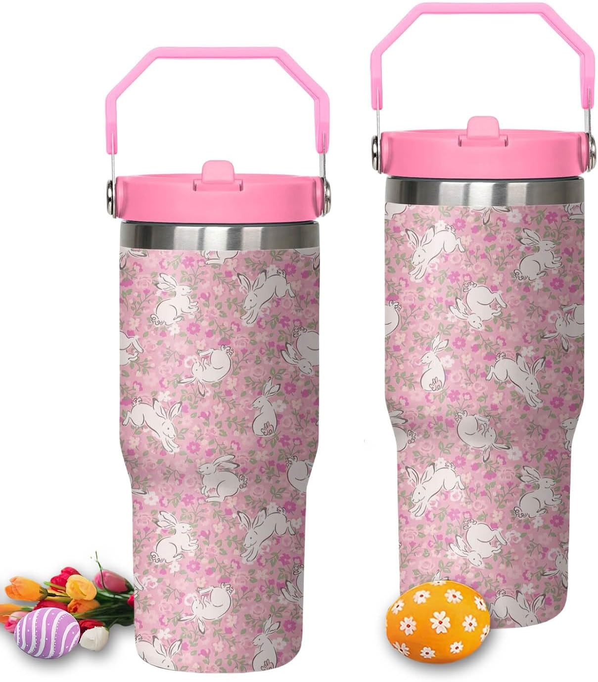 30oz Easter Bunny Tumbler with Handle and Flip Straw, Rabbit Stainless Steel Vacuum Insulated Cup, Travel Mug Water Bottle, Gifts for Women Bunny Lovers