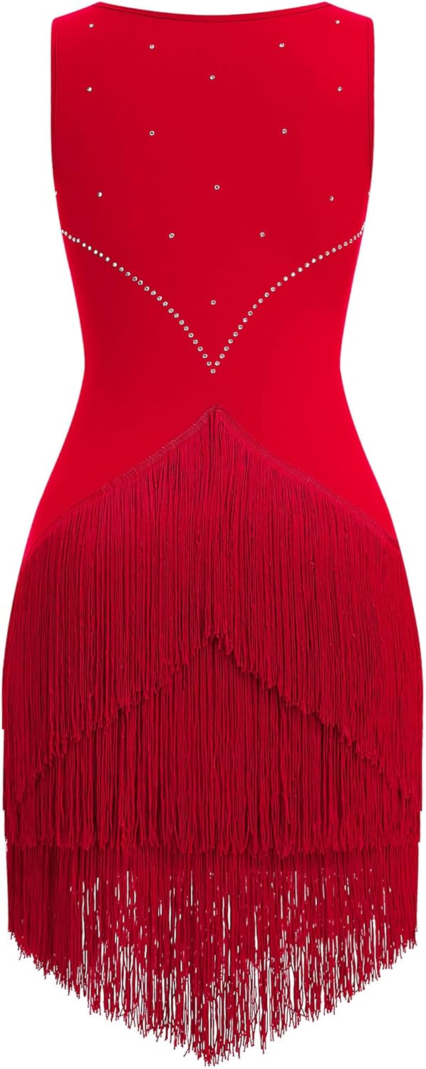 Women Latin Dance Dress Sleeveless V Neck Rhinestone Top Midi Fringe Skirt Adult Sparkly Jazz Ballroom Dance Outfits