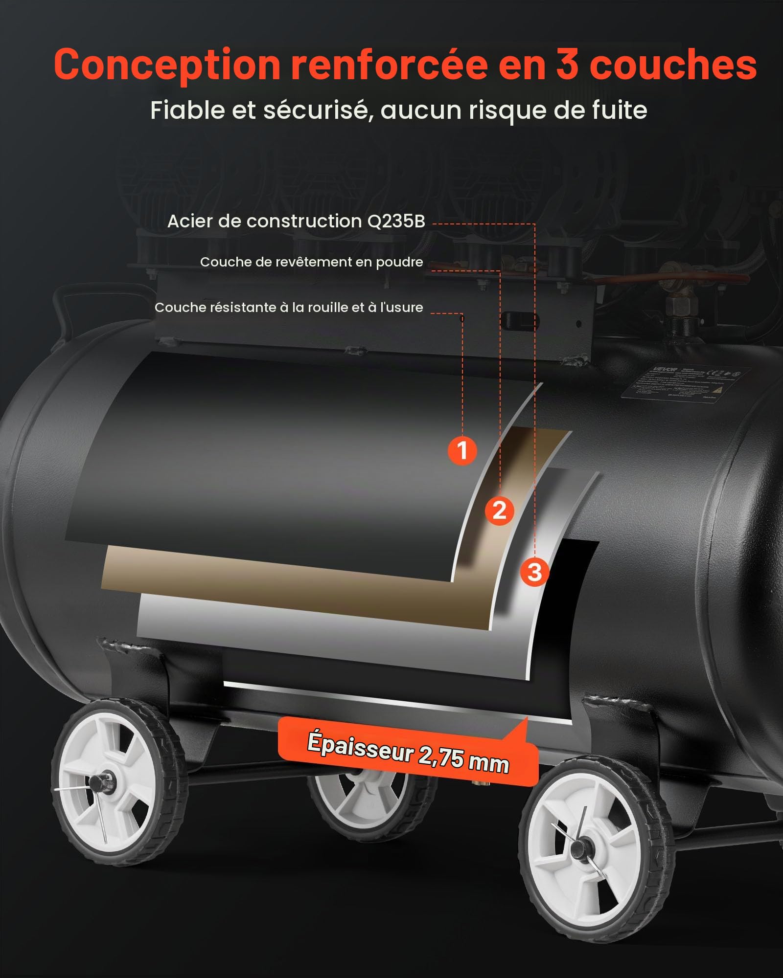 VEVOR Compresseur à Air 100 L Réservoir Compresseur d'Air sans Huile 3 kW pour Réparation Automobile, Gonflage Pneus, Peinture Pistolet, Clouage Bois, 198 L/min à 6,2 bar, Max. 8 bar, Portatif Mobile