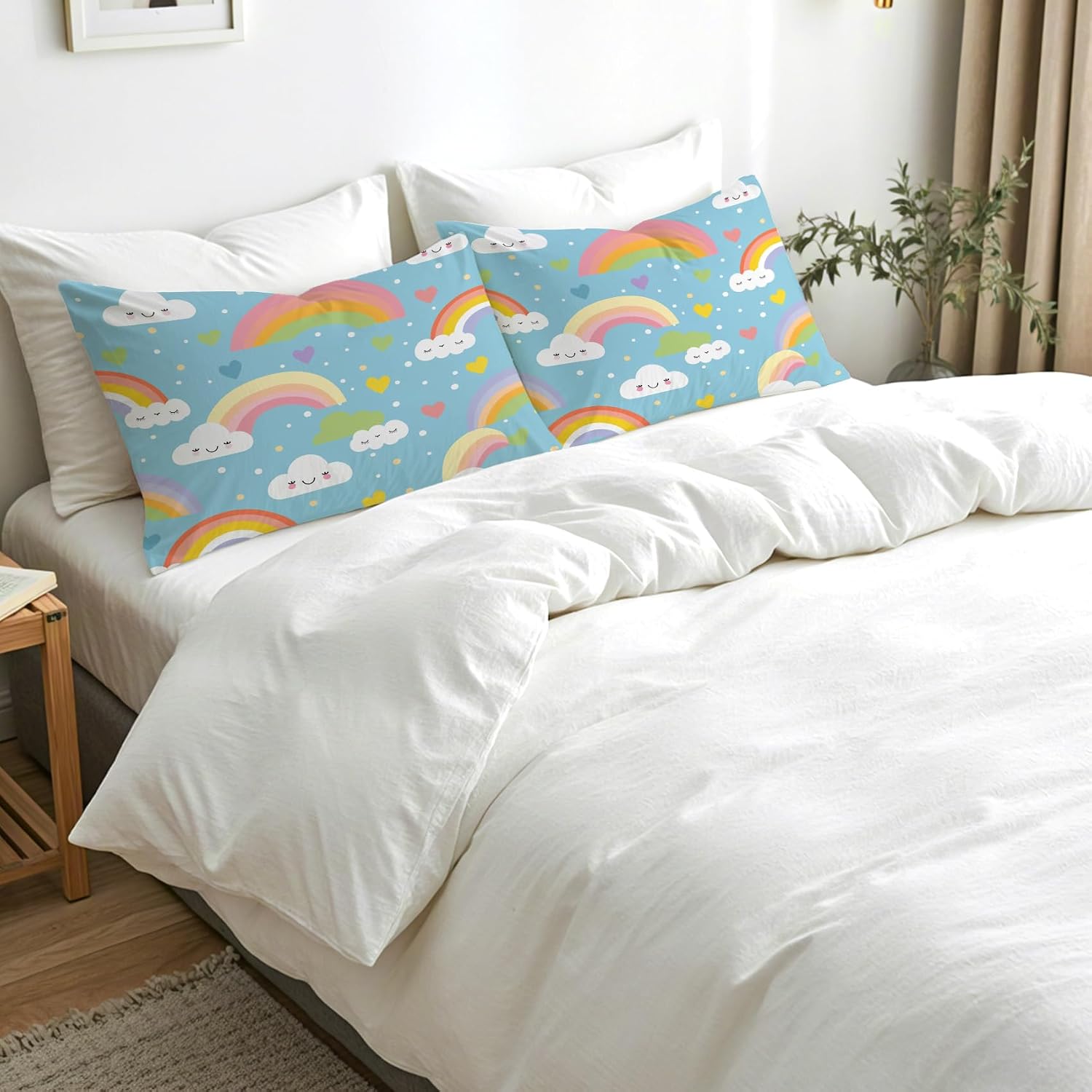 Rainbow Pillow Cases Standard Size Set of 2 - Soft Breathable Microfiber Pillowcases with Envelope Closure, Kids Girls Kawaii Cloud Patterned Pillow Covers, Rainbow Gifts image 3