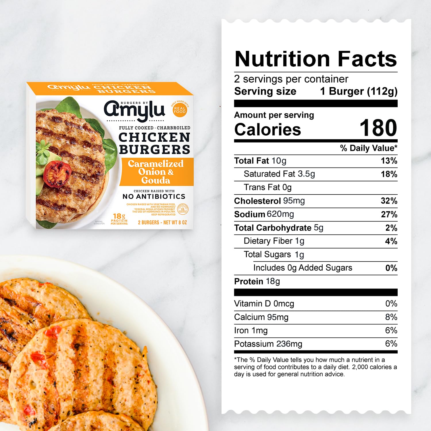 Amylu Foods Caramelized Onion Gouda Chicken Burger Natural Ingredients 18g of Protein Chicken Raised with No Antibiotics Fully — view 3