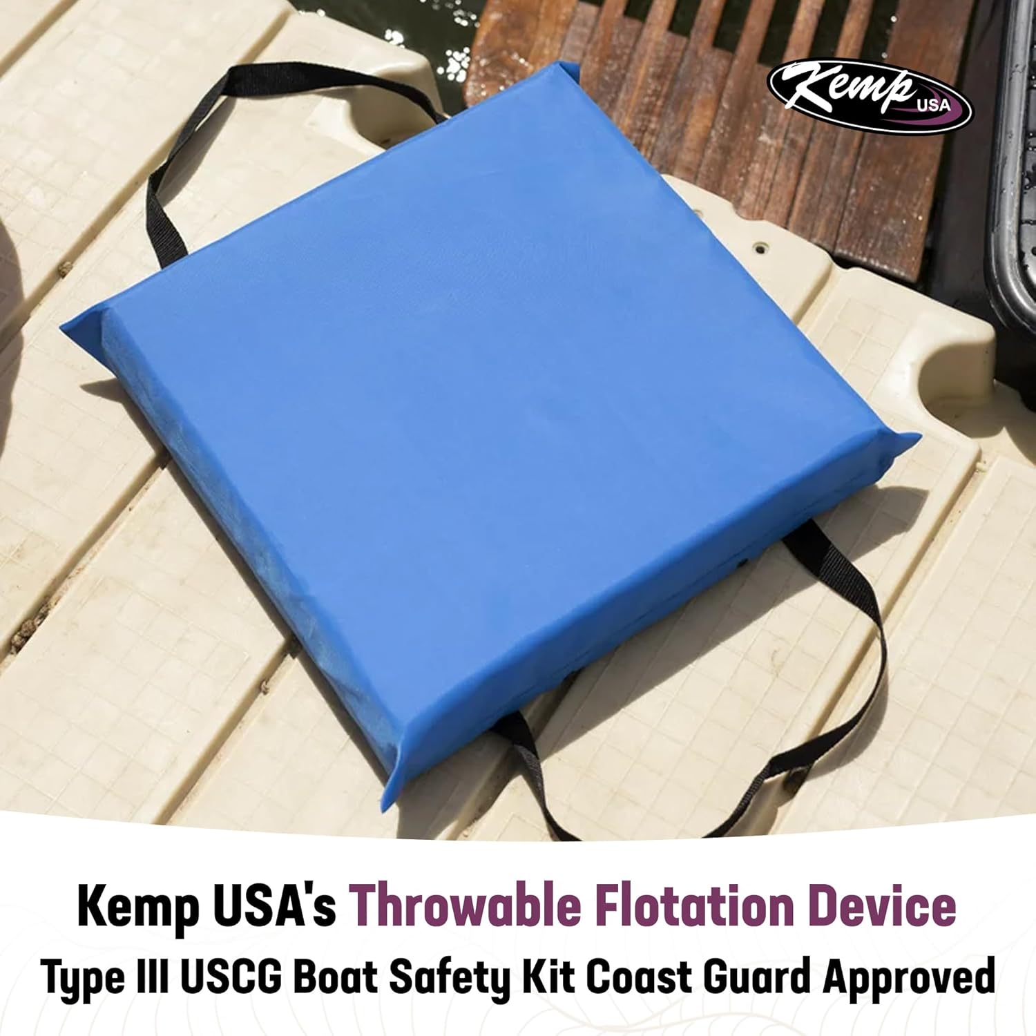 Kemp USA Type IV Throwable Flotation Cushion USCG Approved Boat Safety Throw Cushion with Foam Buoyancy & Nylon Straps for Boating Marine Safety Equipment Royal Blue