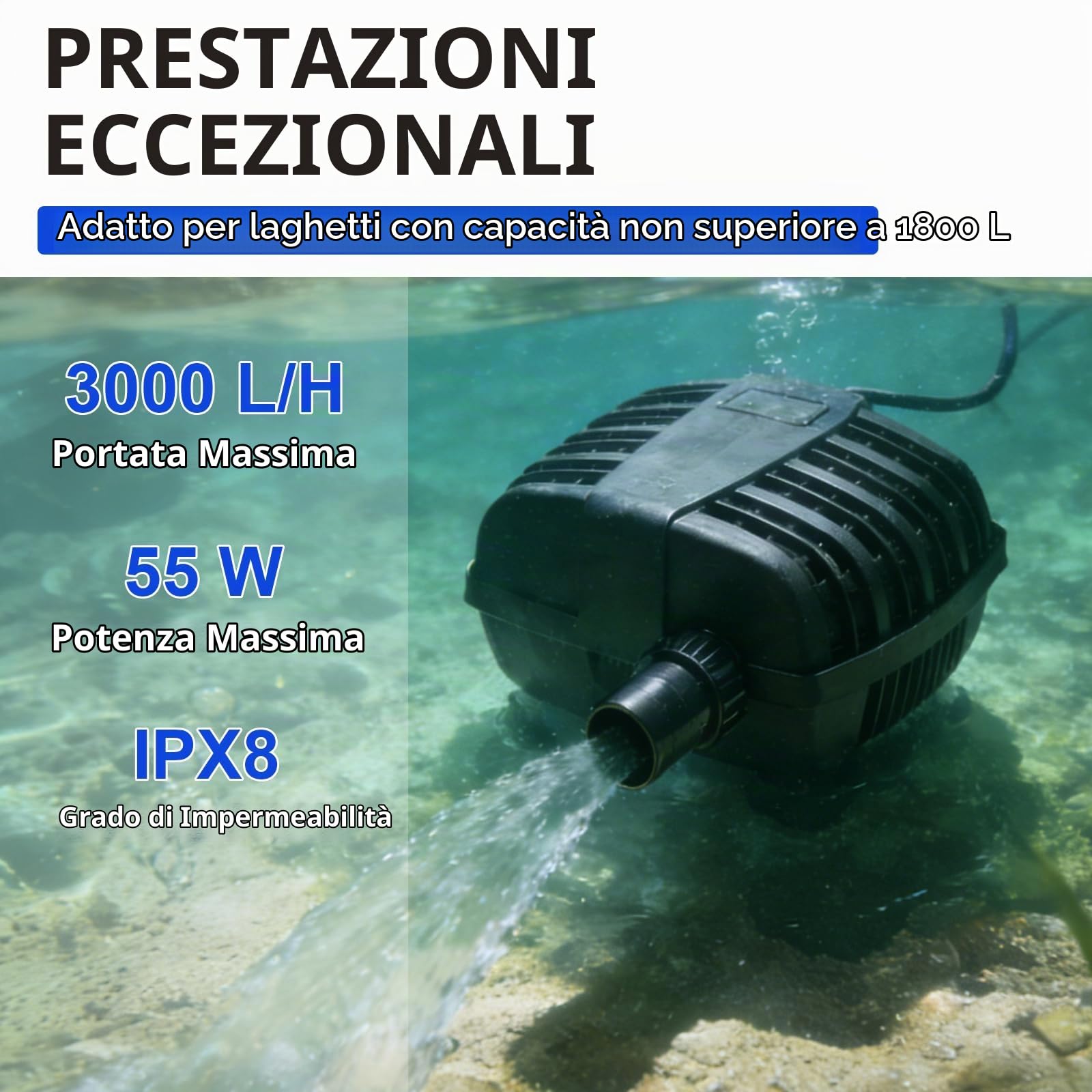 CPROSP Pompa Laghetto CFP-3000L/H [2025] - 55W, Pompa per Laghetti Silenziosa e a Risparmio Energetico, Pompa Acquario, Protezione pesci, Ideale per Laghetti da Giardino e Ruscelli Decorativi, IPX8