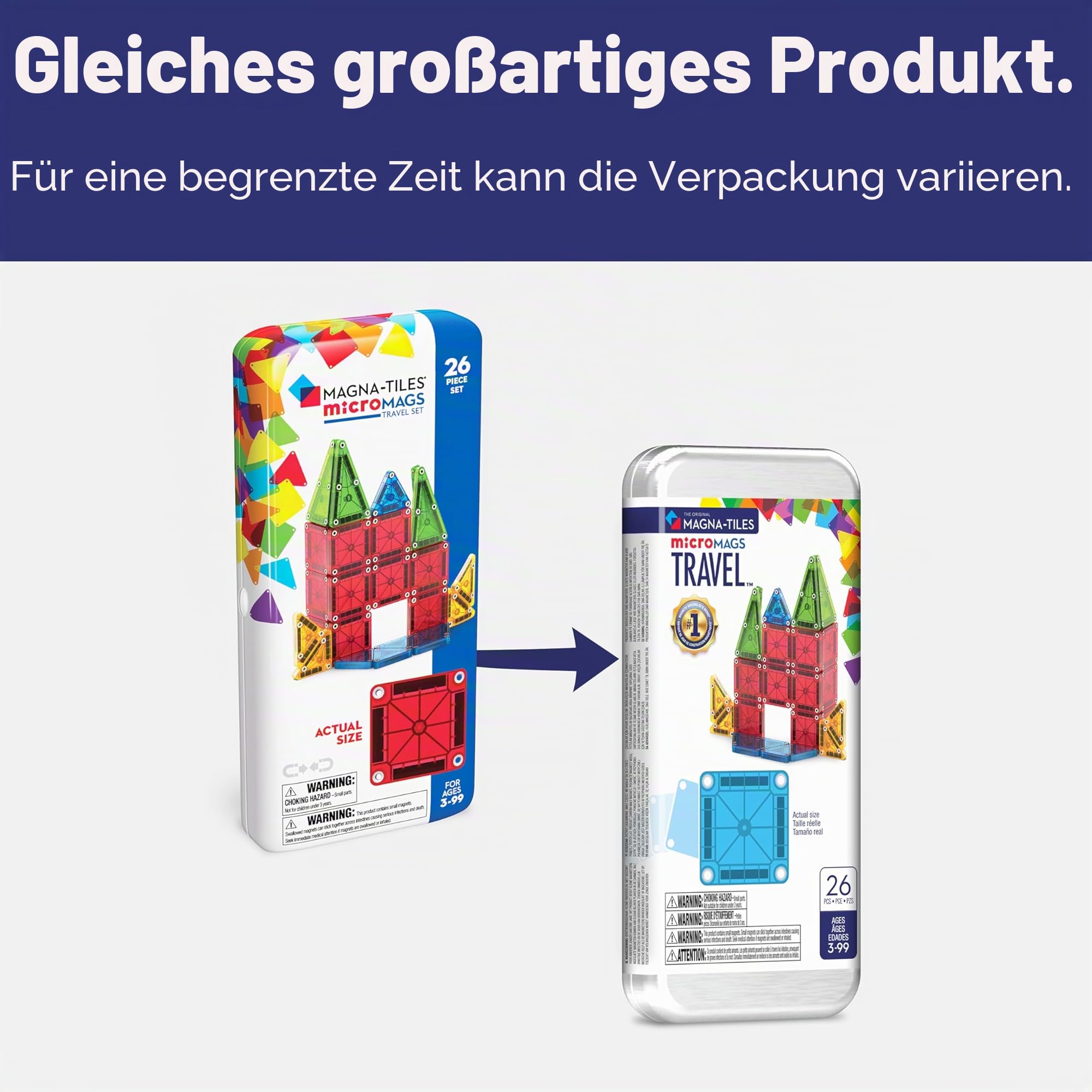 Magna-Tiles microMAGS 26-teiliges Reise-Magnetbauset - Kräftige Farben, die Original Magnetbaumarke