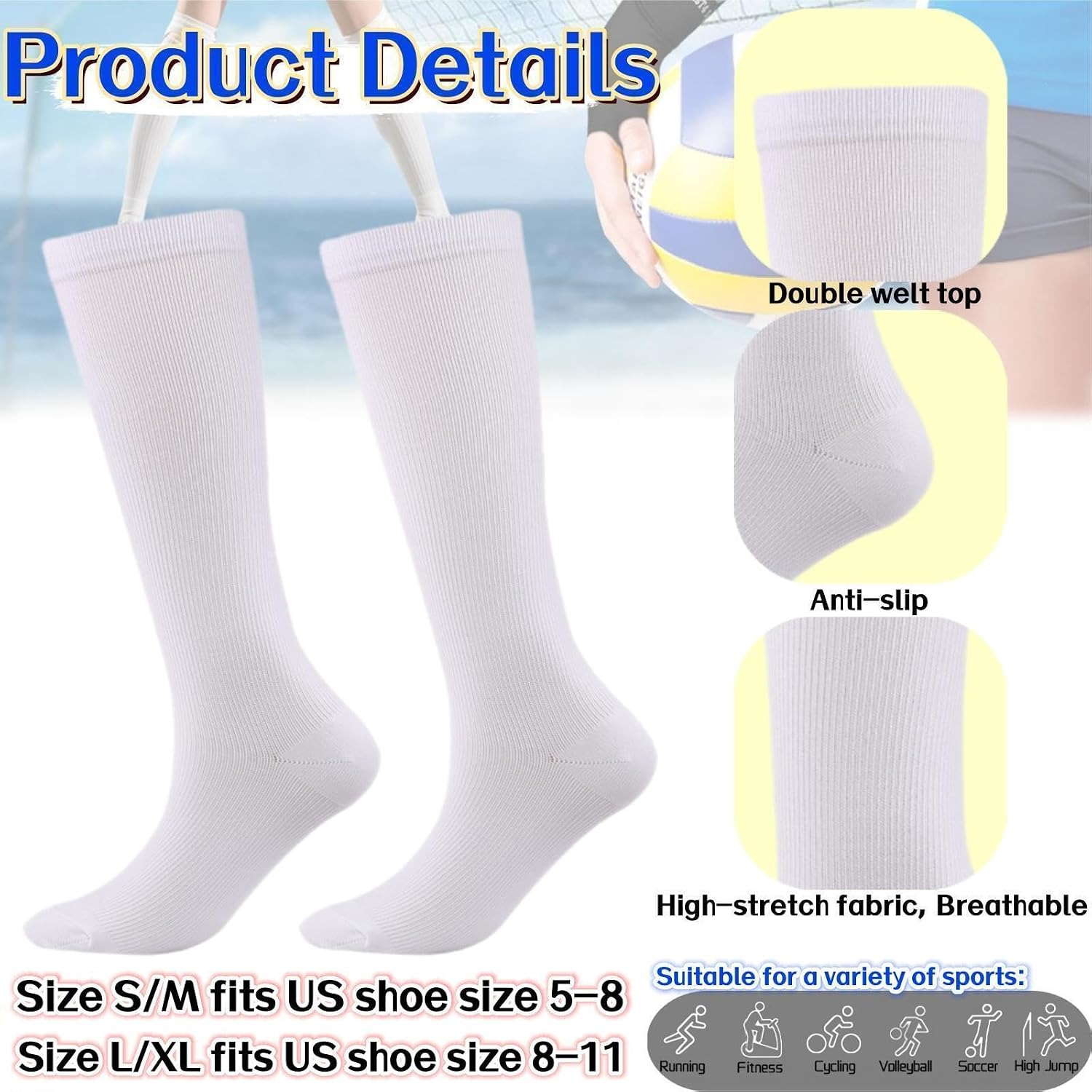6 Pcs Volleyball Knee Pads Arm Sleeves Volleyball Accessories Set | Include Sport Hair Scrunchies Sweatband Socks Drawstring Bag for Women Teen Girls Youth