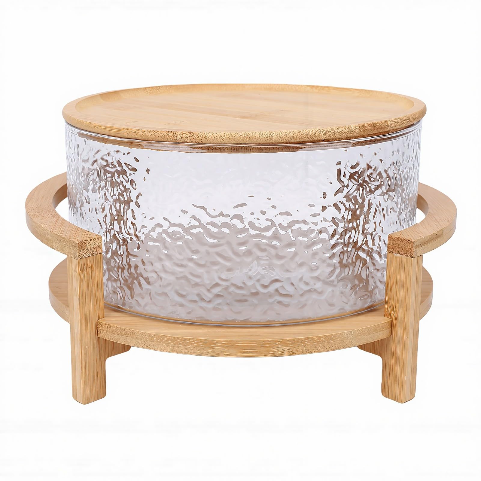 Bewinner Cuenco de Vidrio con Base de Madera, Juego de Ensaladera de Gran Capacidad, 4,3 L con Tapa para Servir Frutas, Postres, Fiestas y Cenas