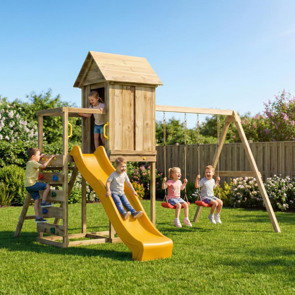 Casetta Rialzata in Legno per Bambini Maxplay 5 con Scivolo 2,2 m, Doppia Altalena e Parete Arrampicata – Parco Giochi da Giardino con Torre e Sabbiera, 368x370x262 cm, Legno Impregnato Autoclave