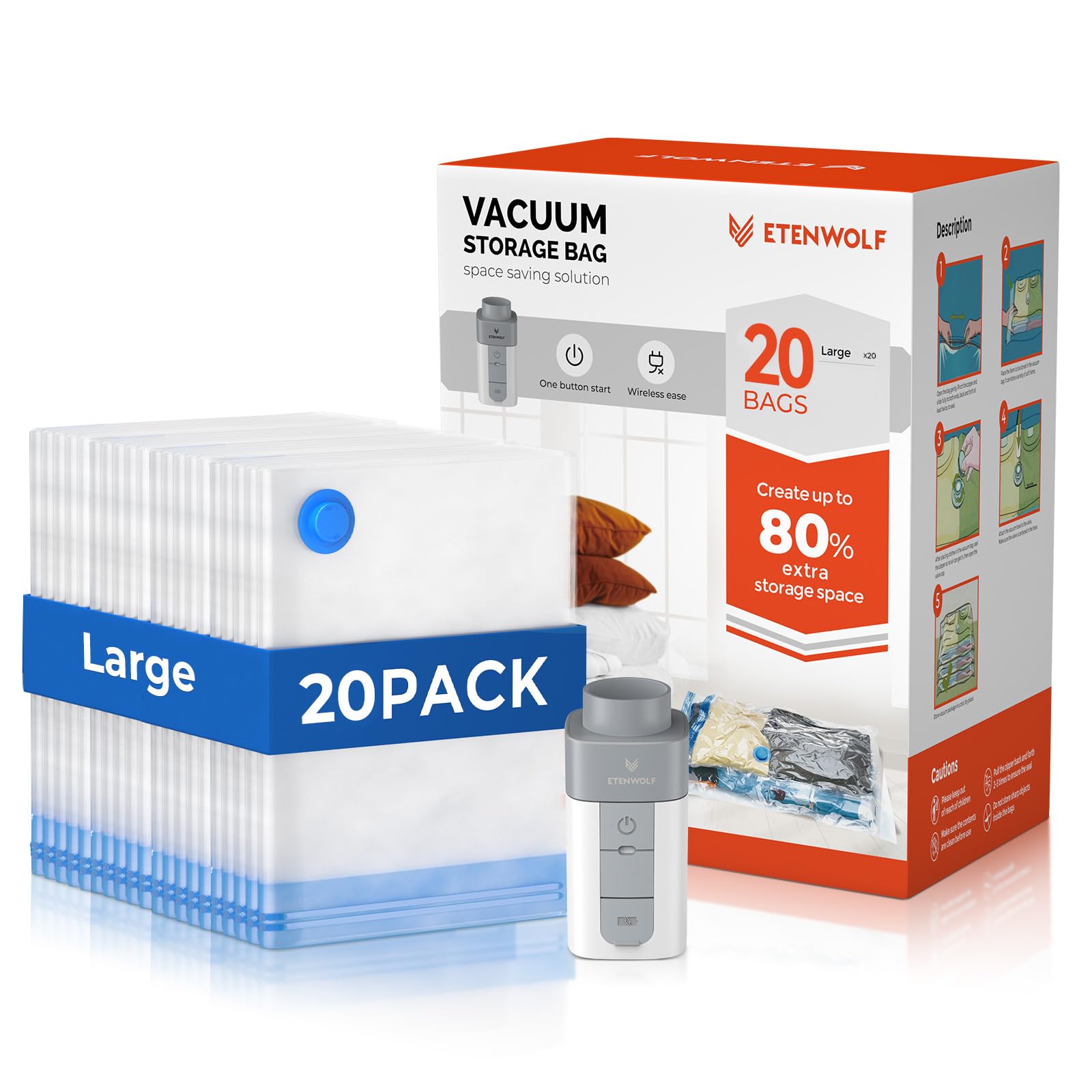 ETENWOLF 20 grands sacs de rangement sous vide pour voyage avec pompe sans fil