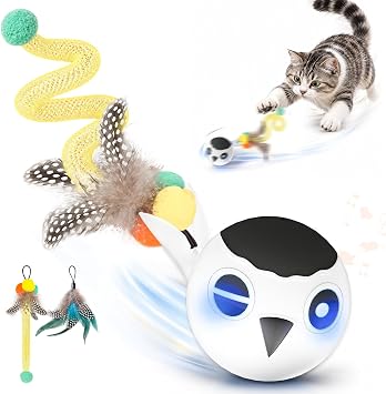 Interactive Cat Toys for Indoor Cats Adult, Cat Ball Toy for Kitten, Automatic Moving Ball for Puppy Small Dog with 2 Feather Tails, 4 Mode Motion Touch Activation, Multiple Chirps Stimulate