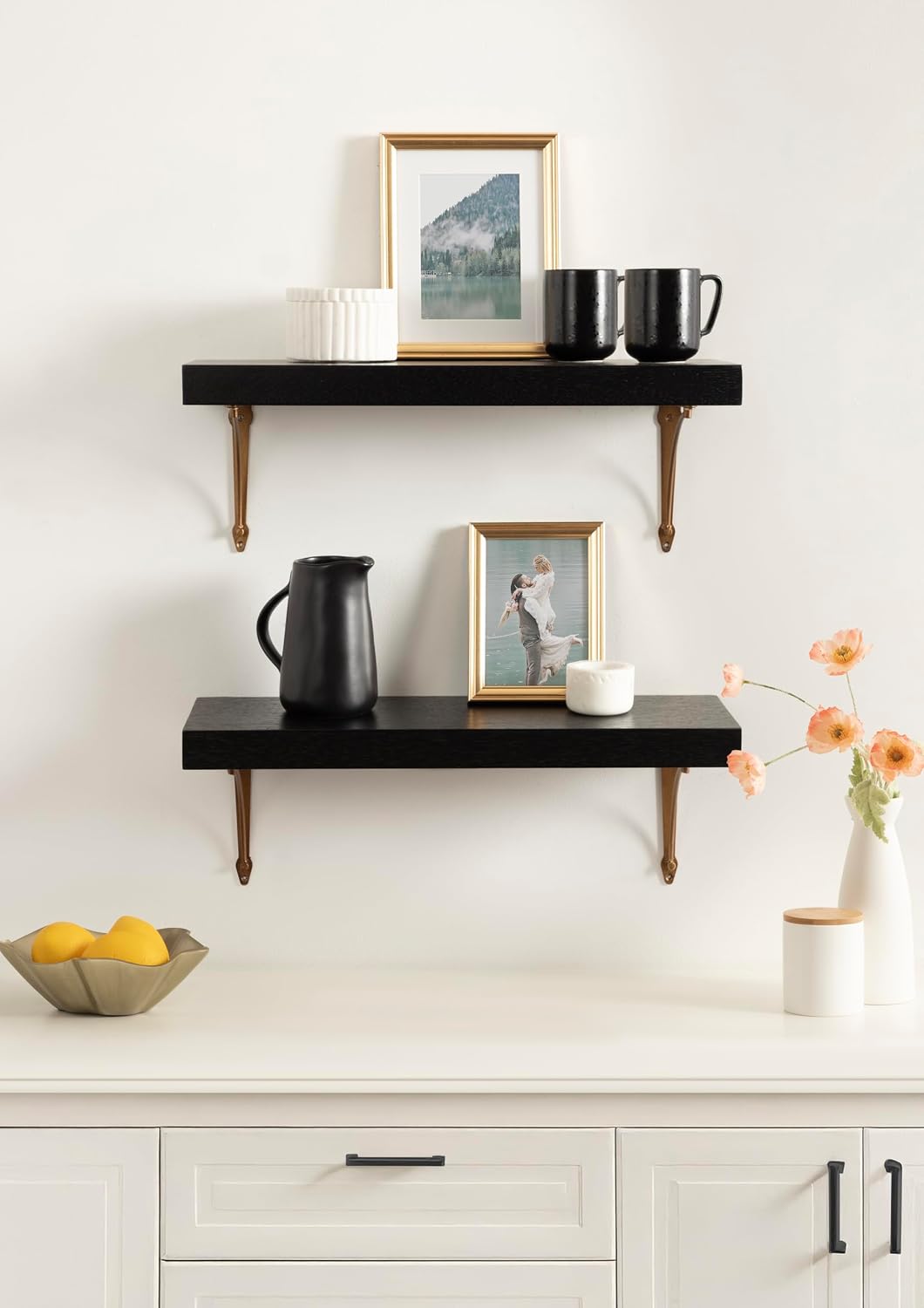 Kate and Laurel Hatley Vintage Glam Ornate Shelves, Set of 2, 24 x 8, Black and Gold, Functional Nursery Book Shelves or Bathroom Shelf Decor for Over Toilet Storage and Display