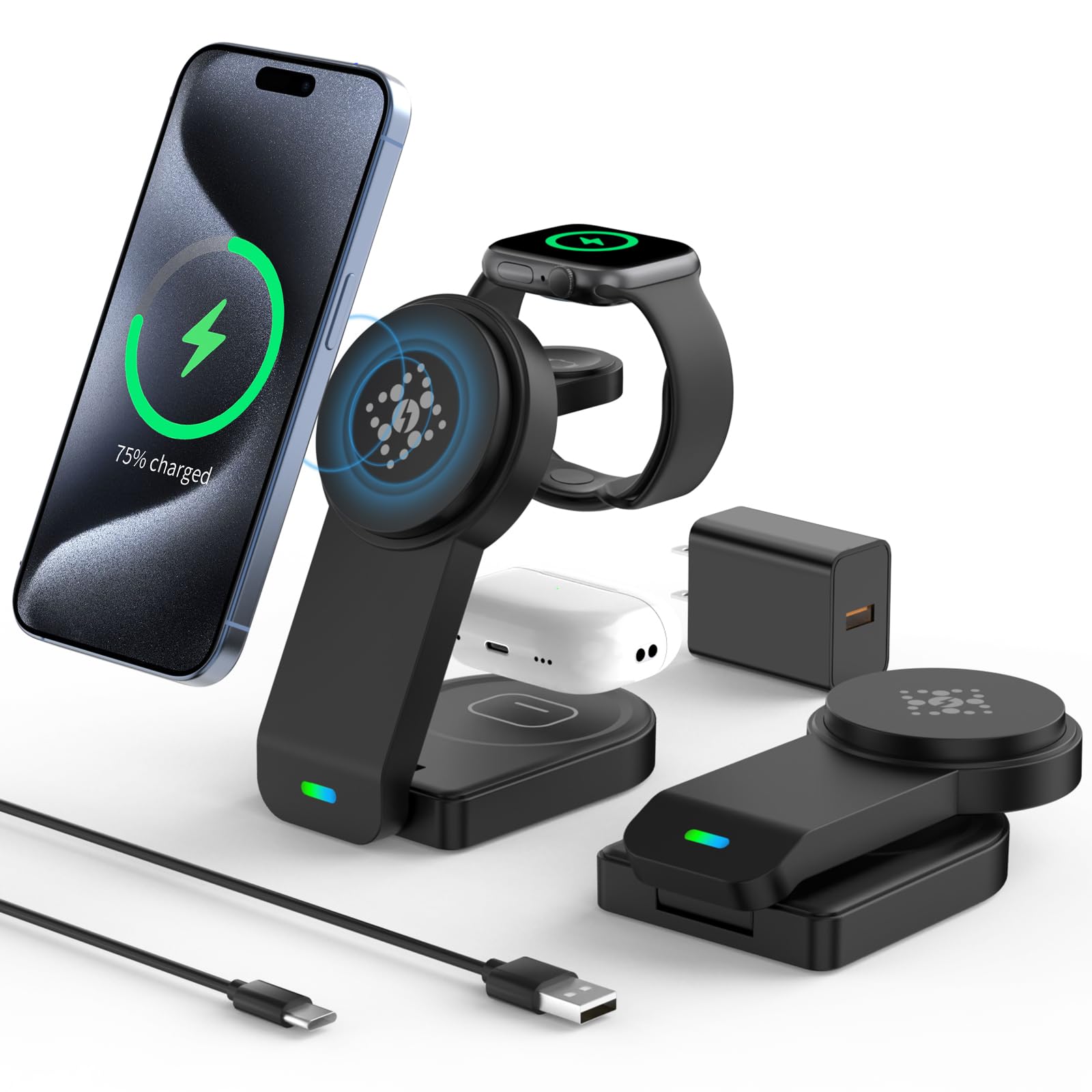 3 in 1 Wireless Charging Station Compatible with Apple Devices,Foldable Magnetic Wireless Charger for iPhone 15/14/13/12,Apple Watch Ultra 2/Ultra/Seires 9/8/7/6/5/4/SE/SE 2,Air-Pods 3/Pro/2(Black)