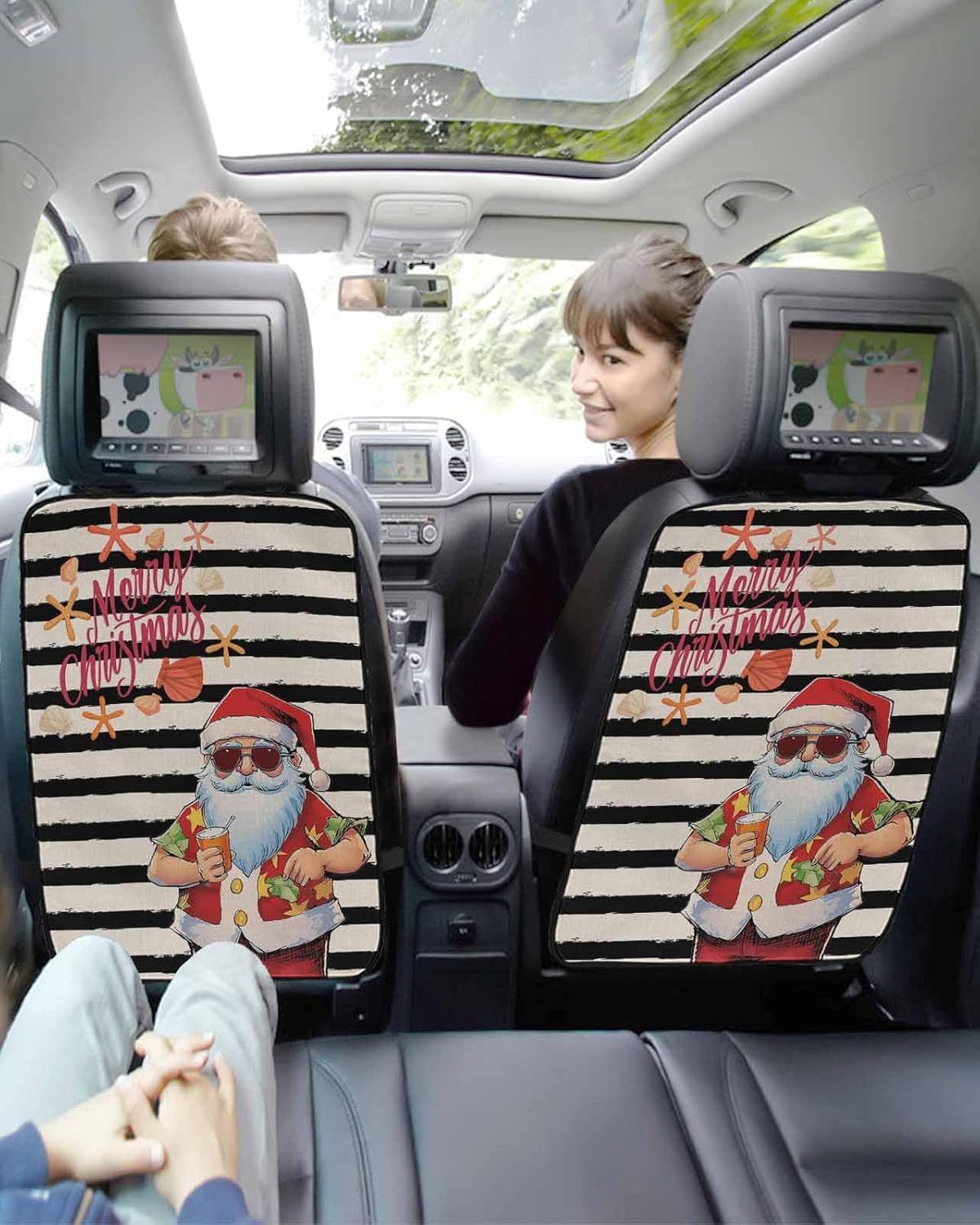 T&H XHome Car Seat Protector, 2 Pack Kick Mats Back Seat Protector Summer Christmas Cool Santa Starfish Black Plaid Waterproof Backseat Cover for Kids Universal Fit Automotive Interior Protectors