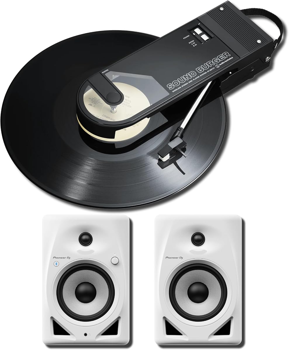 Audio-Technica AT-SB727 Sound Burger Paquete de altavoz giratorio Bluetooth negro con monitores autoamplificados Pioneer DM-50D-BT-W de 5 pulgadas, reproductor de vinilo con batería de 12 horas para escuchar en casa, estudios y streaming