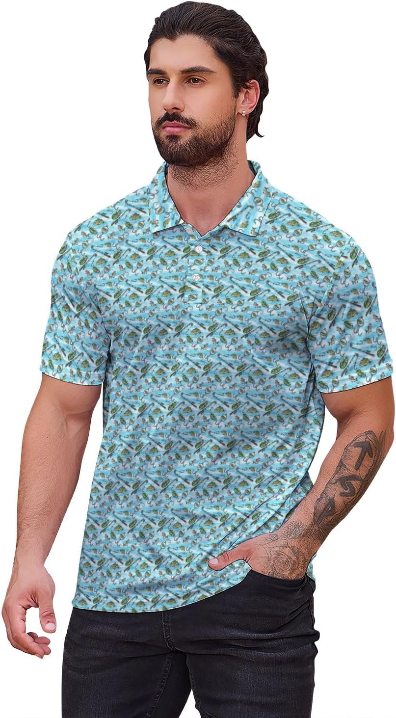 Mens Golf Polo Shirts Funny Hawaiian Golf Short Sleeve Print Shirts Quick-Dry Fit Performance Polo Shirts for Men